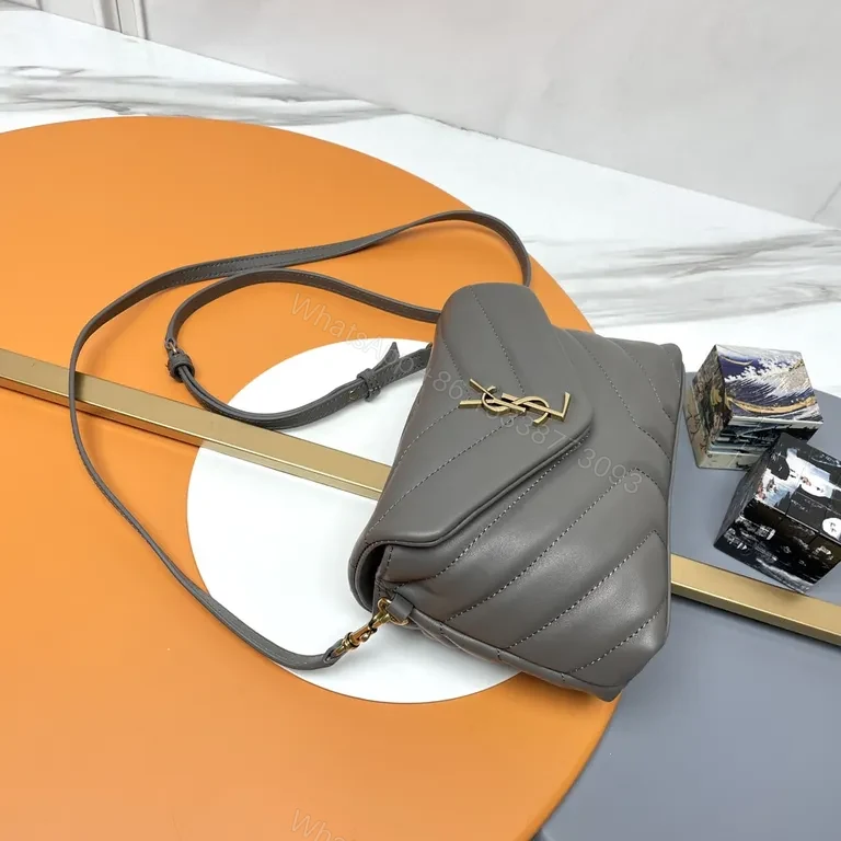 View 8 of Structured Gray Quilted Crossbody with Gold YSL Hardware Bag