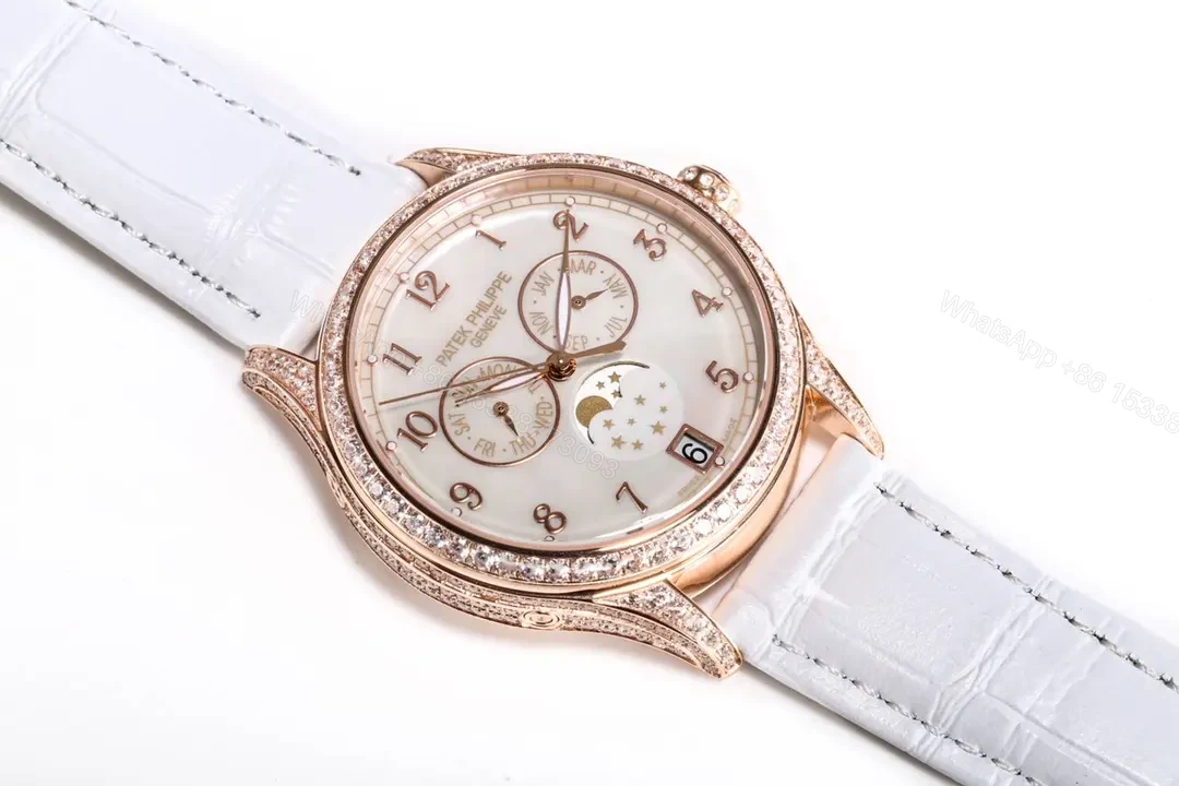 View 9 of Patek Philippe Complications Collection Ladies’ Annual Calendar Moon Phase Watch in Rose Gold with Diamond Set Case White Mother of Pearl Dial and Italian Leather Strap