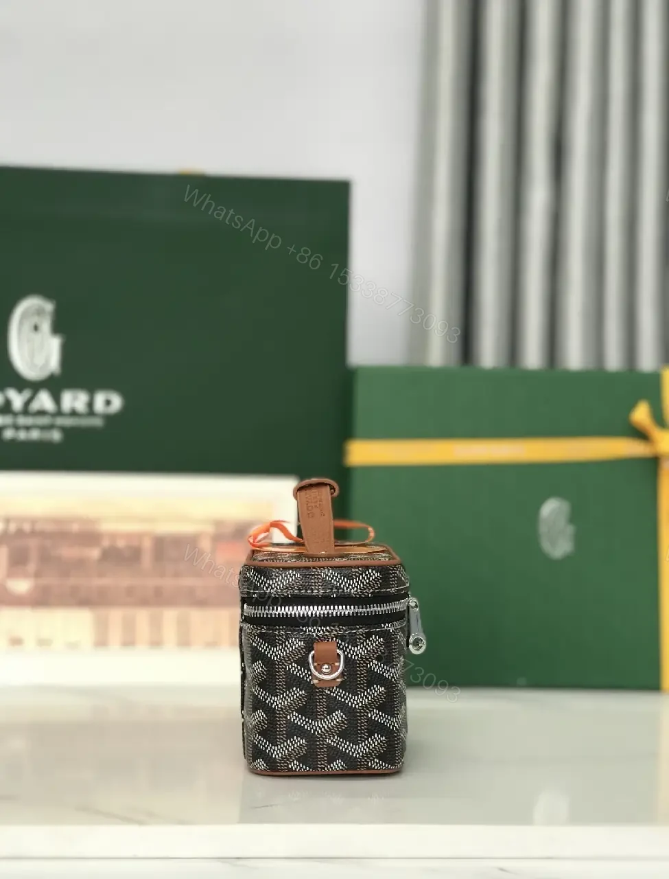View 9 of Compact Luxury Patterned Mini Bag: Textured Canvas, Goyard Motif