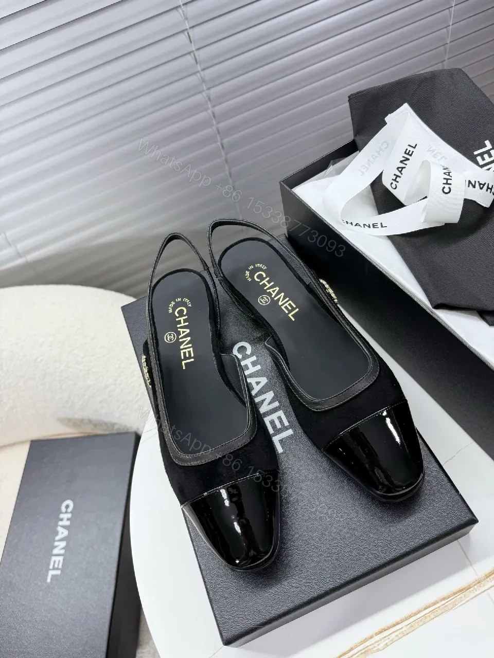 Black Satin Slingback Mule with Patent Toe Cap - Elegant Everyday Luxury — view 1