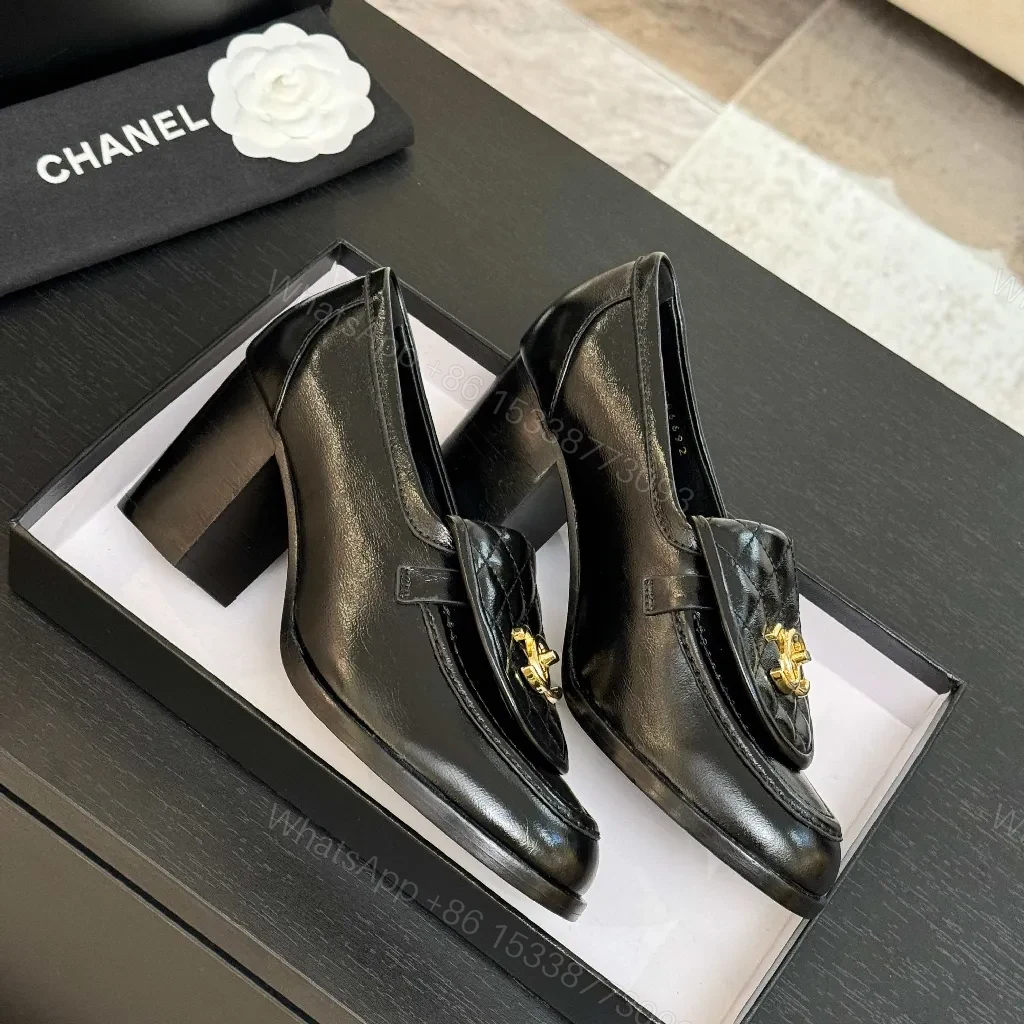 View 6 of Quilted Leather Loafers with Gold Logo, Chic Classic
