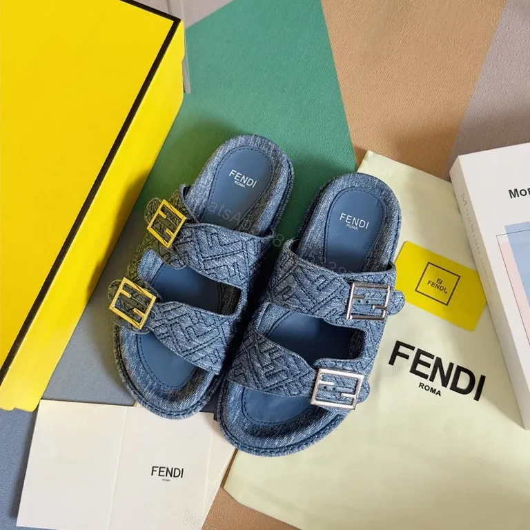 View 2 of Denim-Texture Sandals with Fendi Detail â€“ Luxury Comfort Menâ€TMs