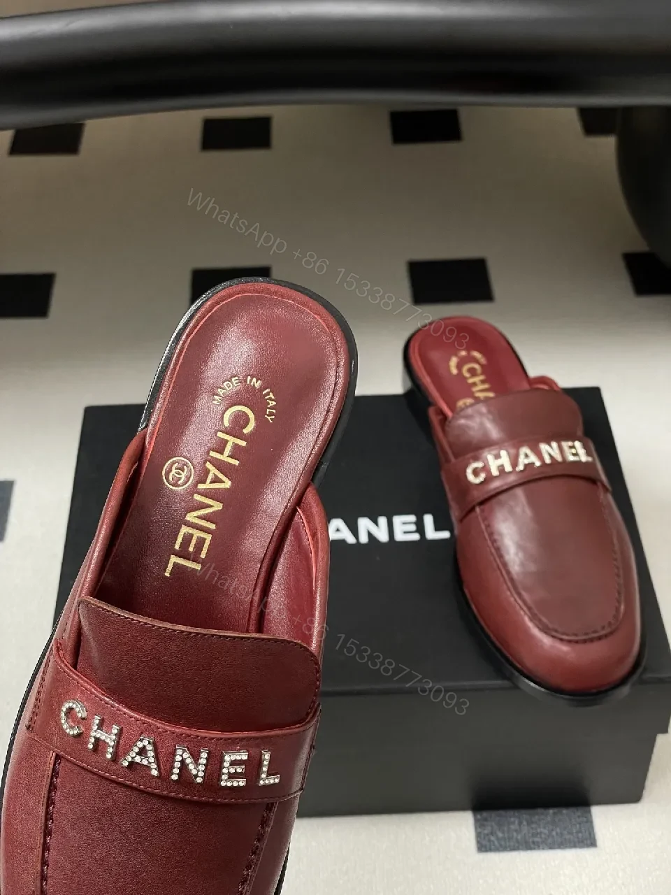 View 8 of Burgundy Leather Mule Slides with Signature Logo Billet