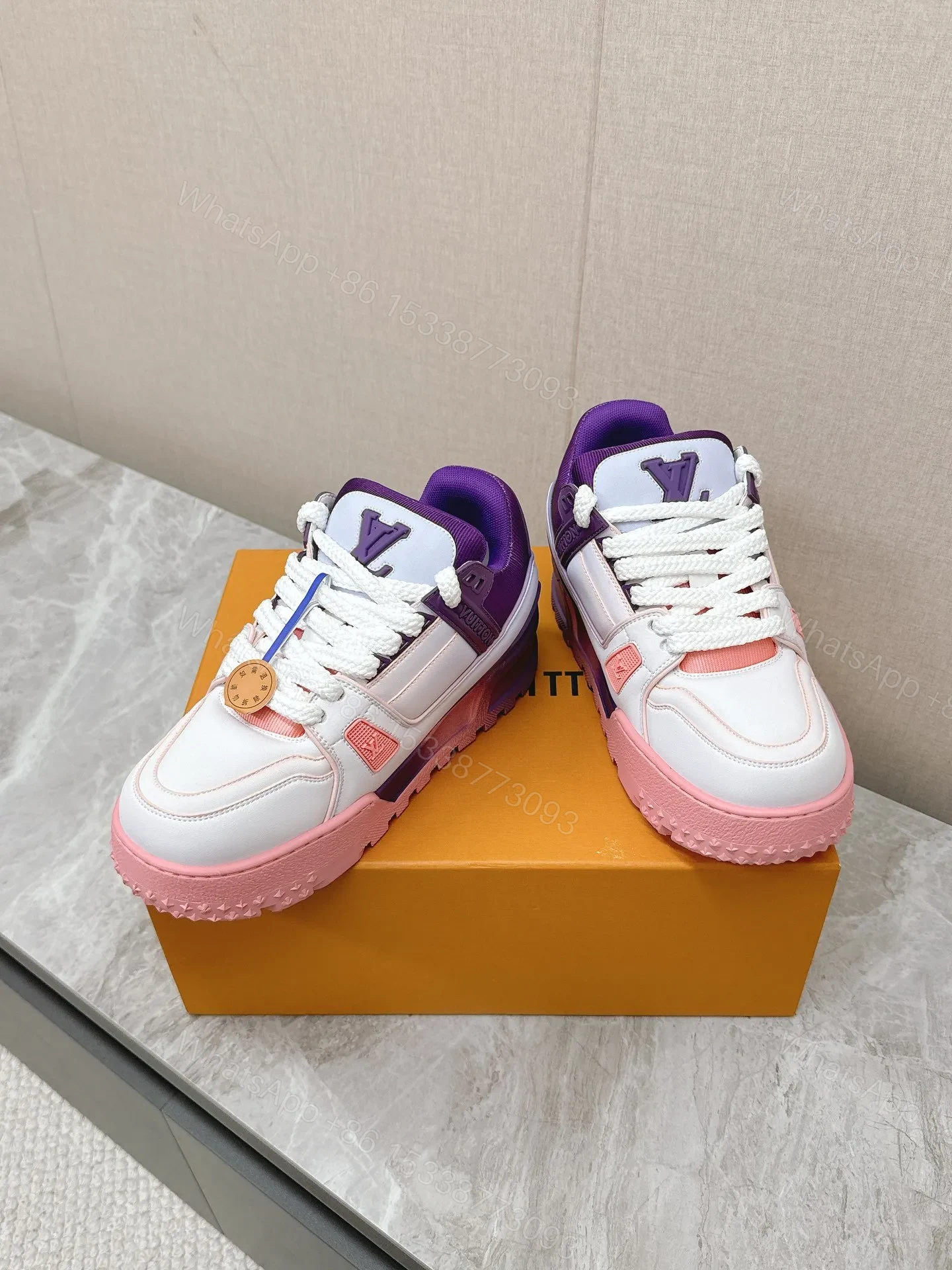 View 2 of LV Women White Pink Purple Leather Sneakers