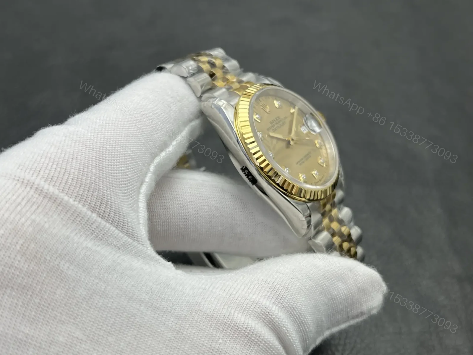 View 5 of Rolex Datejust 36 Stainless Steel Yellow Gold Fluted Champagne Palm Diamond Jubilee 126233-0043