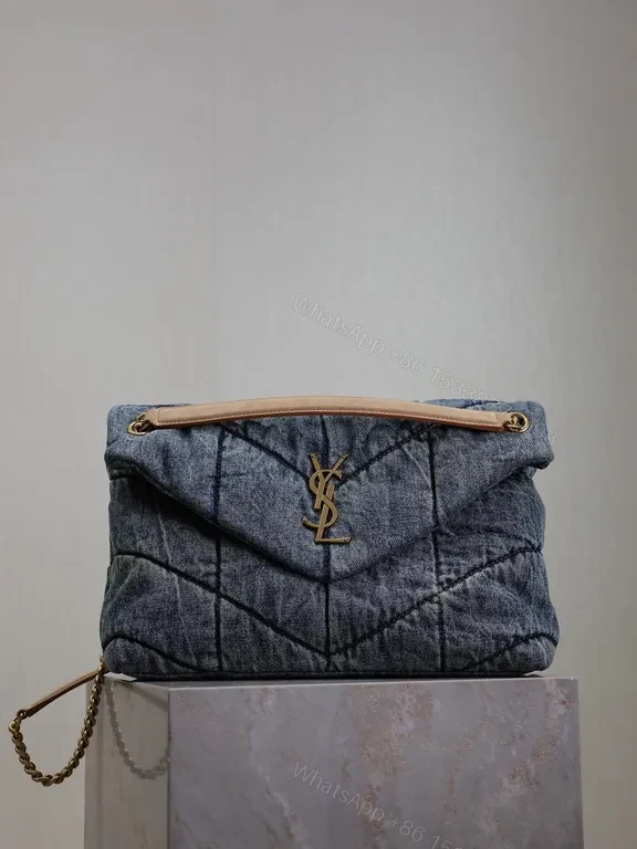 Chic Denim Quilted Tote with Gold YSL Accent — view 1