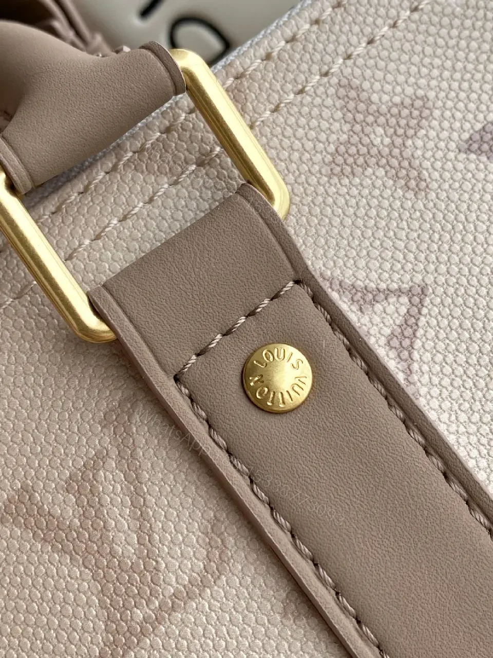 View 2 of Light Taupe LV Monogram Duffle — Canvas, Leather Trim, Top Zip, Recessed Gold Hardware