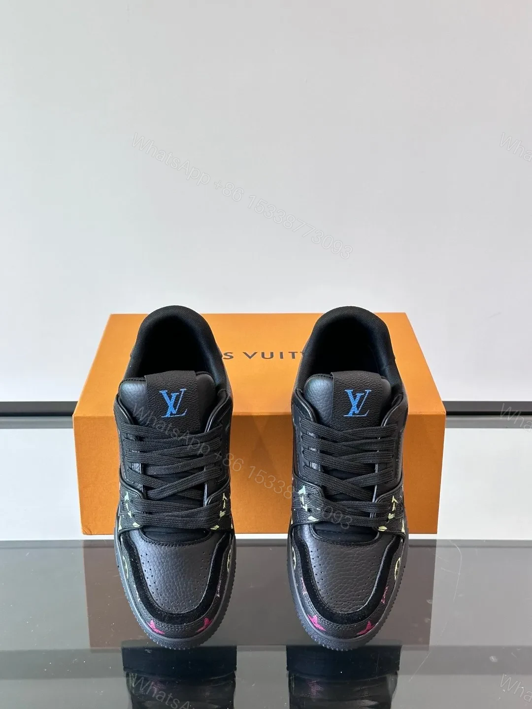View 6 of LV Men Black Leather Sneakers With Multicolor Accents