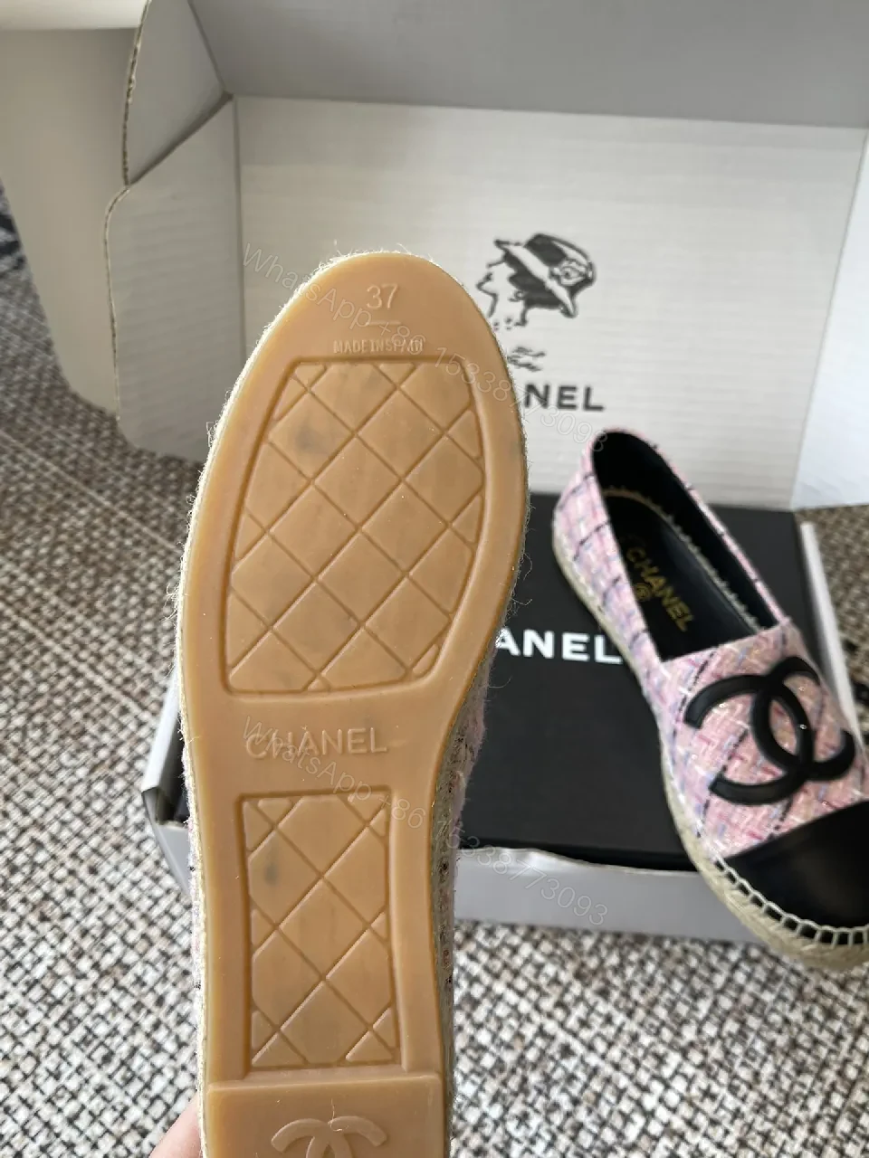 View 8 of Pink Tweed Espadrilles – Black Toe, Logo Detail, Slip-On Comfort