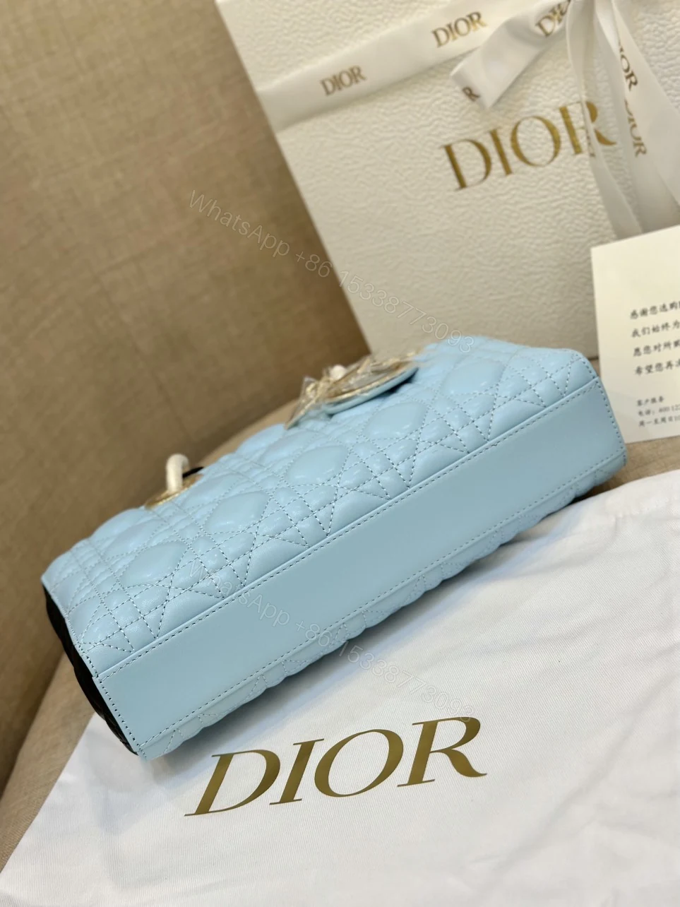 View 2 of Dior D-Joy Women’s Handbag, Ice Blue Cowhide Leather, Like Auth 26cm