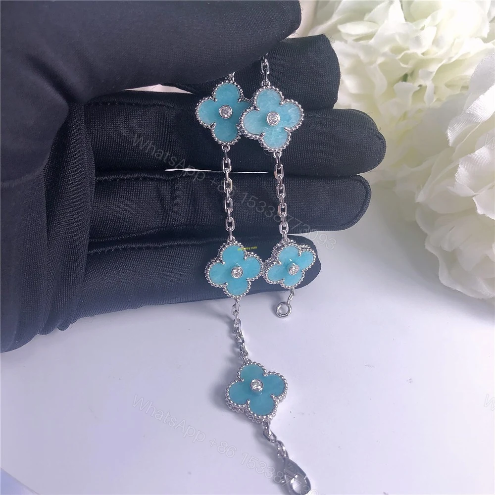 VCA 18ct White Gold Vintage Alhambra Bracelet 5 motifs Blue Porcelain — view 1