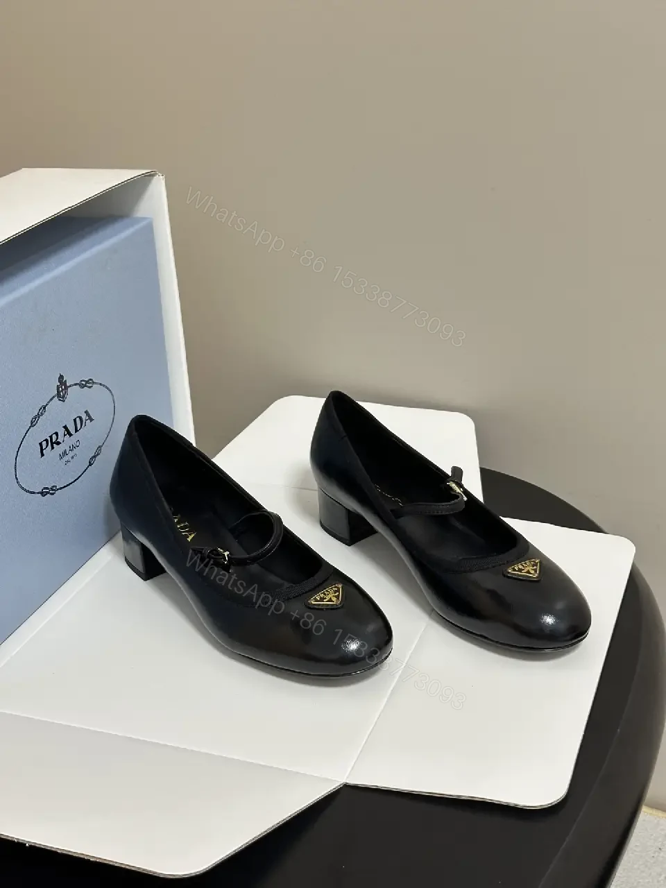 View 10 of Black Leather Mary Jane Heels with Logo Accent, Prada-inspired style