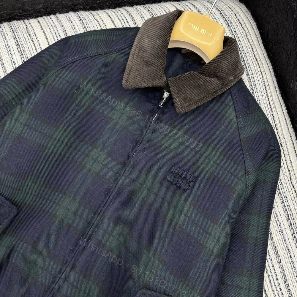 View 3 of Miumiu Checked Twill Blouson Jacket Blue And Green