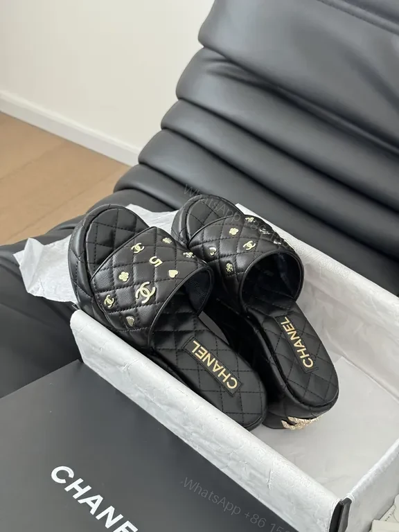 View 9 of Chanel-Inspired Quilted Slide Sandals with Gold Accents