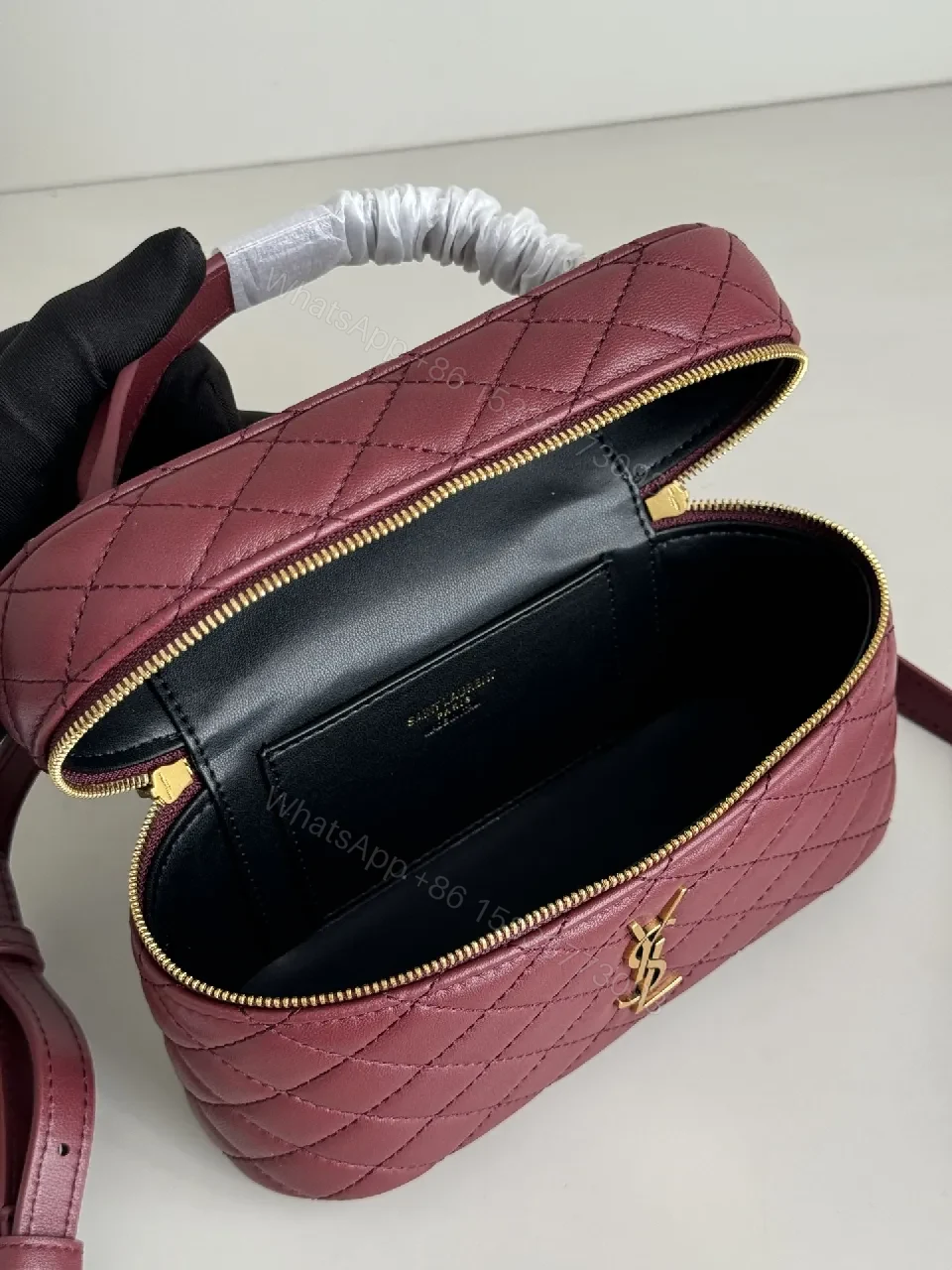 View 3 of Burgundy Quilted Leather Bag with Gold Hardware, Compact Style