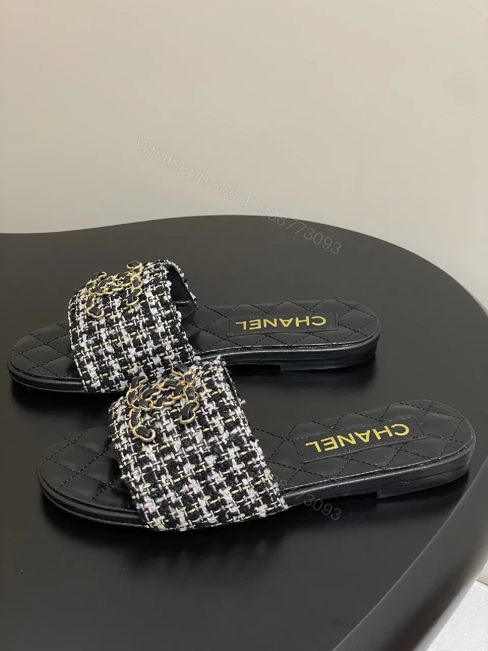 View 3 of Tweed Slide Sandals with Gold Chain Detail, Lux Comfort