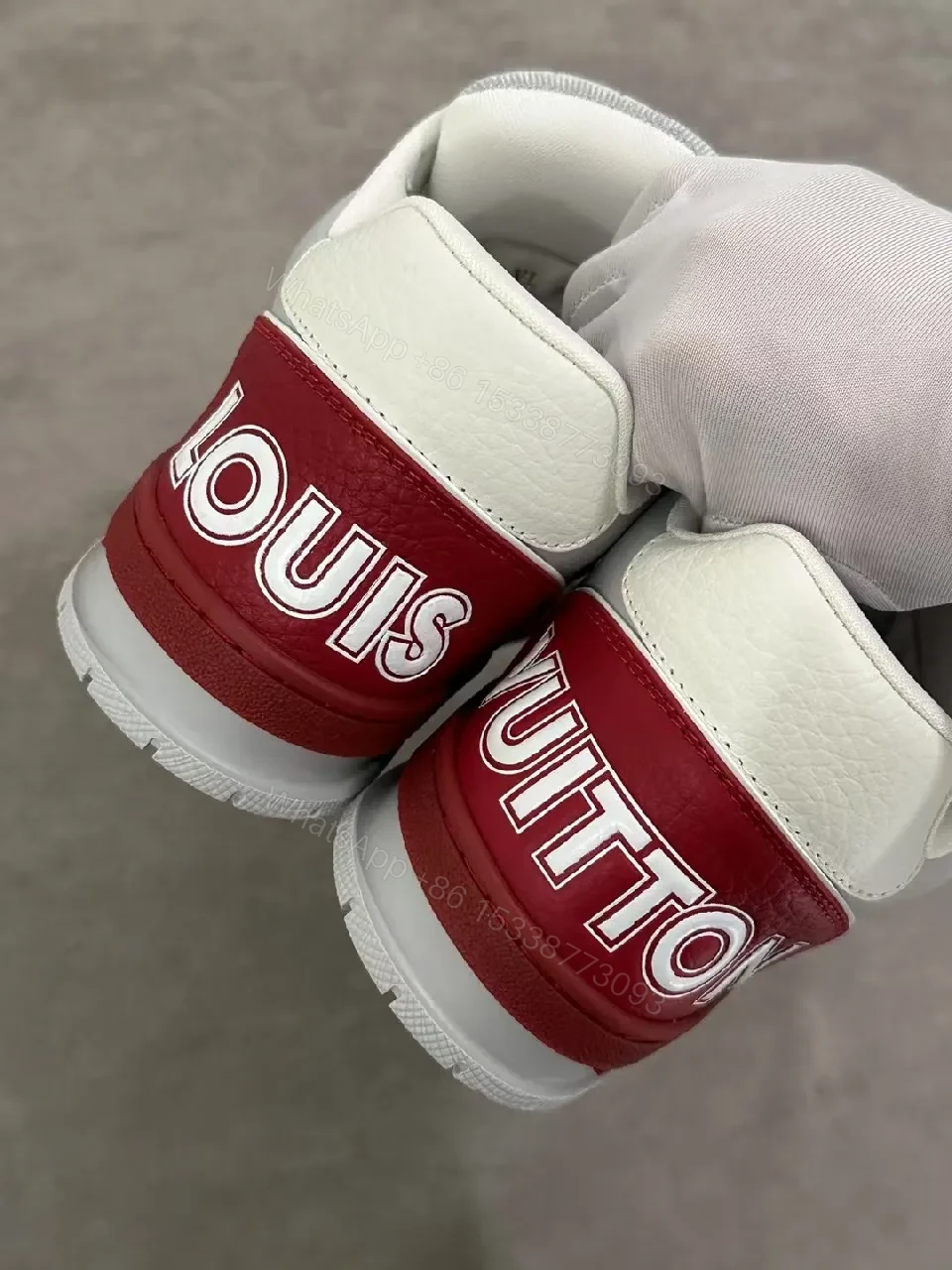 View 9 of Bold White & Burgundy Leather Trainer with LV-Style Details