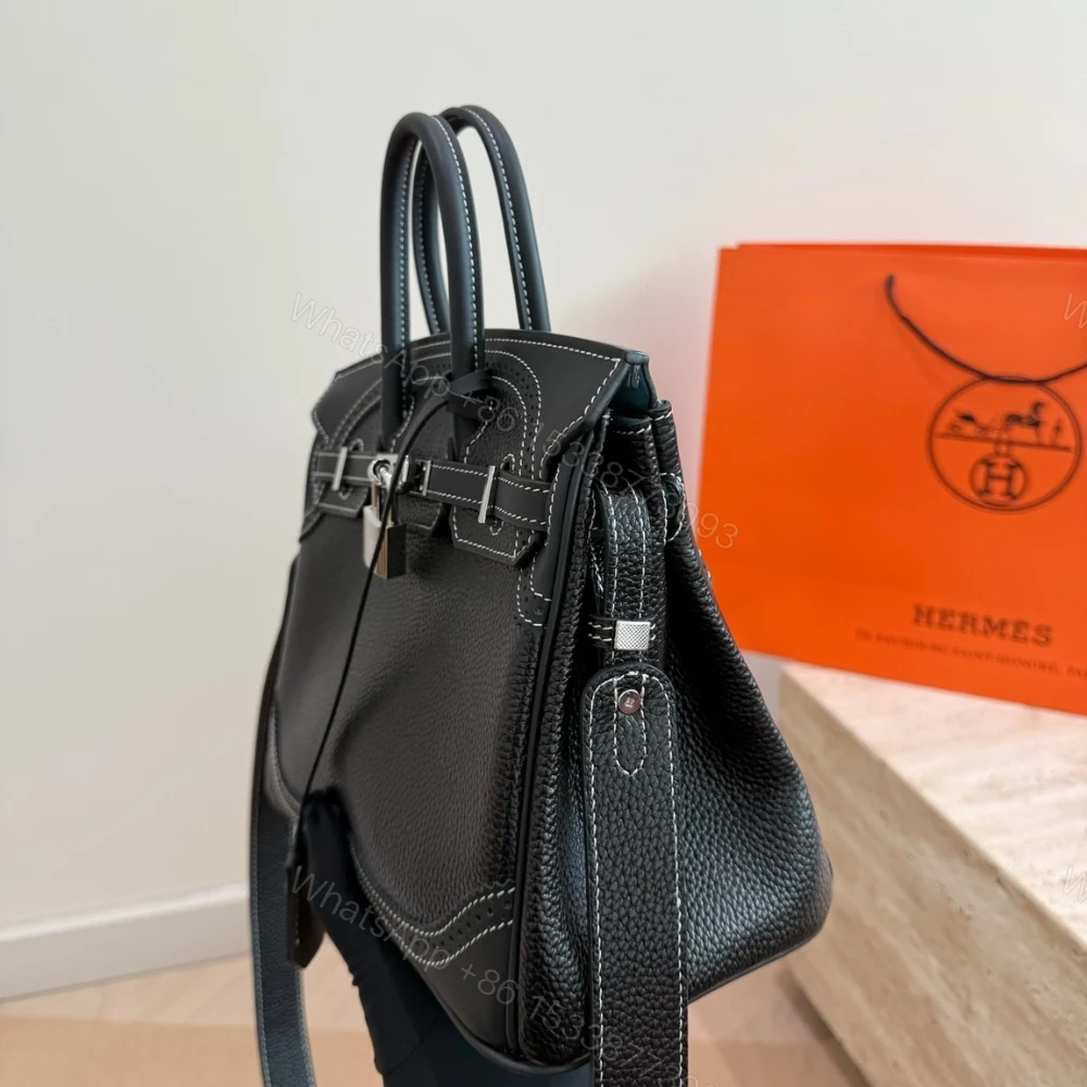 View 3 of Hermès Birkin Black Pebbled with Gold Lock and Clochette 25cm