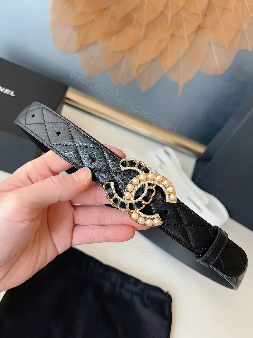 View 9 of Quilted Black Belt with Pearl Buckle - Lux Style Accessory