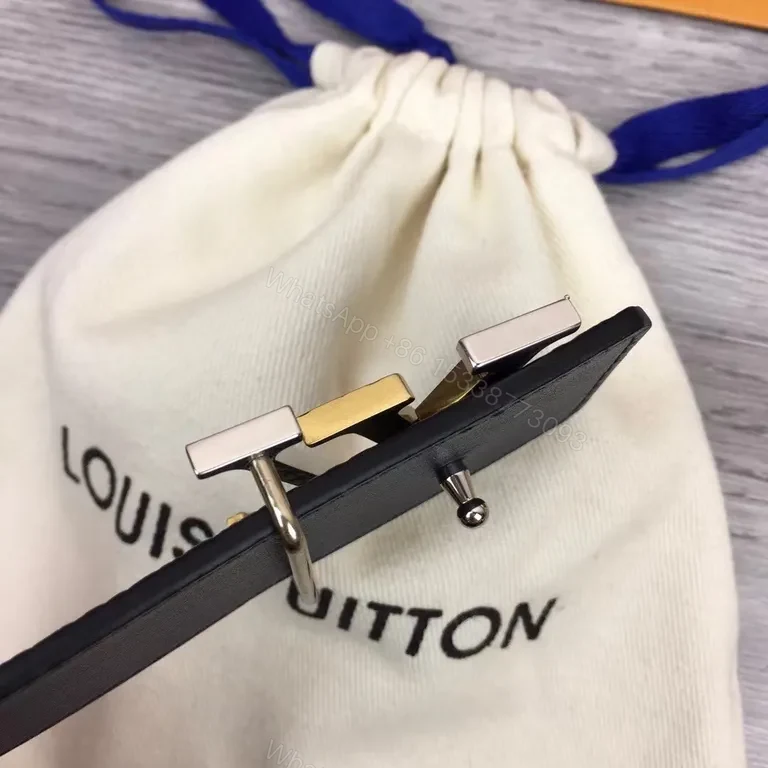 View 6 of Premium Black Pebbled Leather Belt with Gold LV-Inspired Buckle