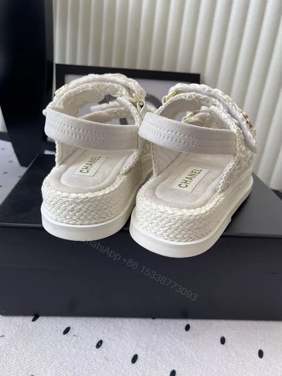 View 2 of Ivory Knit Sandals with Gold Logo - Couture-Style Comfort