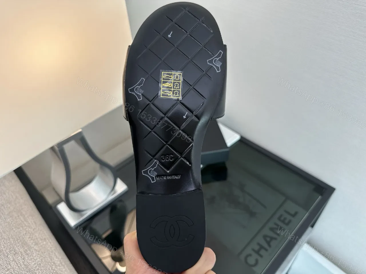 View 3 of Black Quilted Slide with Gold Logo — Luxe Comfort Slide