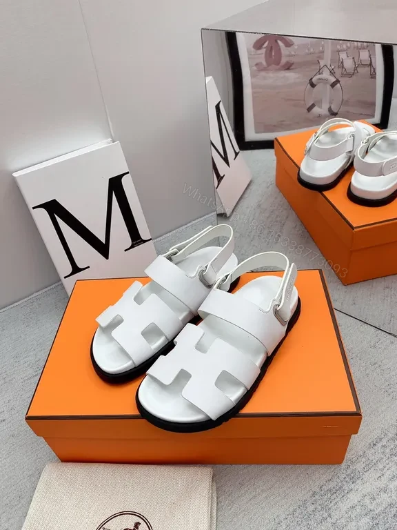 View 7 of Hermes Oran Sandals: White Calfskin, H-Detail Comfort Shoes