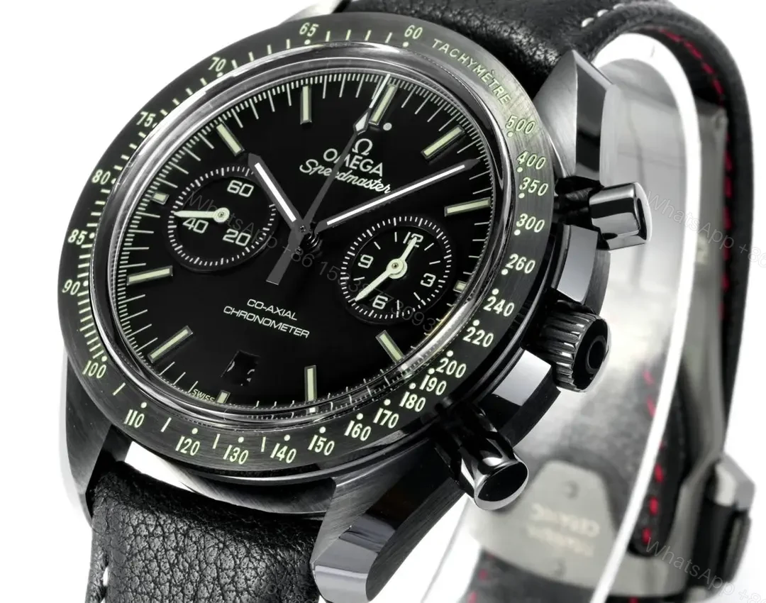 View 4 of Omega Dark Side of the Moon Series Full Ceramic Black Chronograph Watch with Black Leather Strap