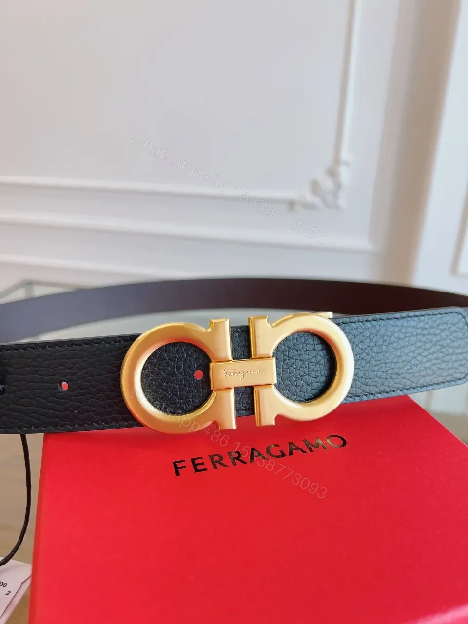 View 4 of Chic Black Leather Belt with Gold Interlocking Buckle