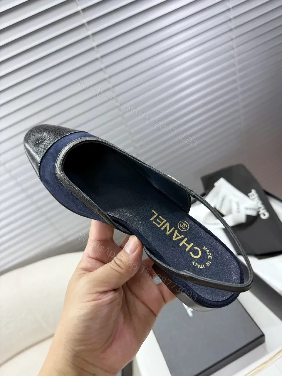 View 3 of Navy Knit Slingback Mules with Patent Toe