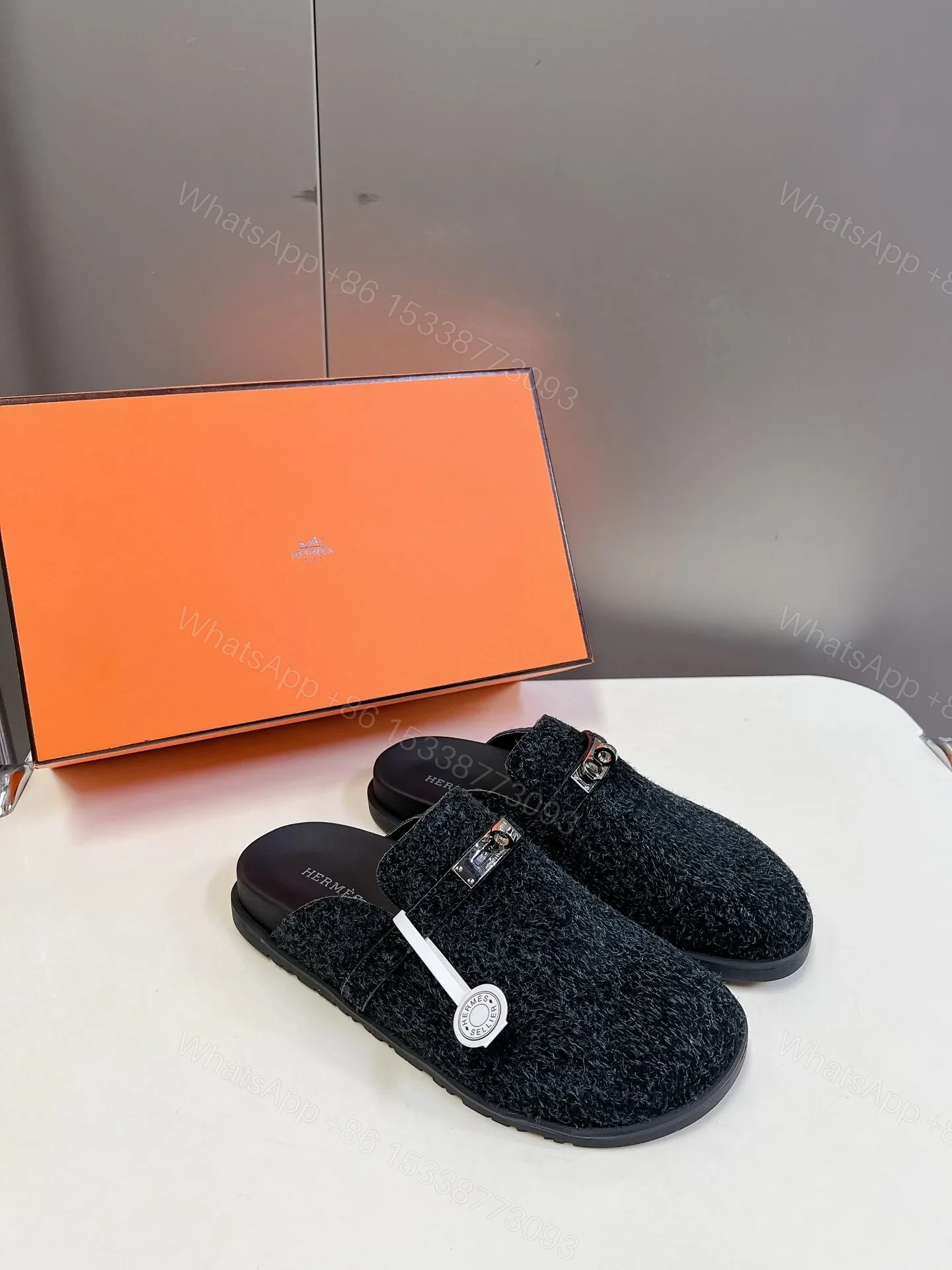 View 5 of Hermes Women Black Fuzzy Fabric Mules