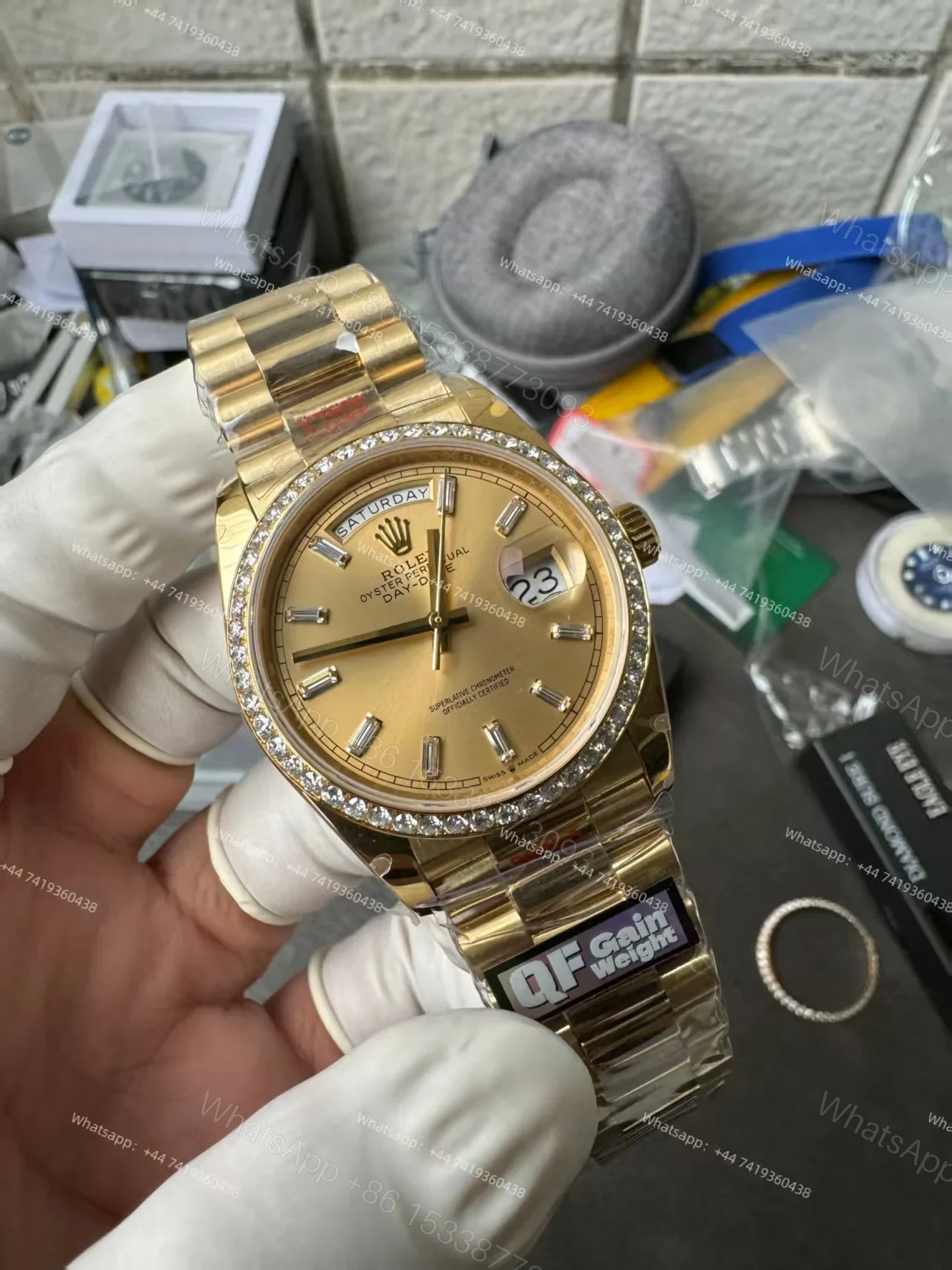 View 3 of Rolex Day-Date M228348RBR-0002 1:1 Replica Moissanite Bezel Gold Dial 40MM 3255 Movement Super Clone Watch