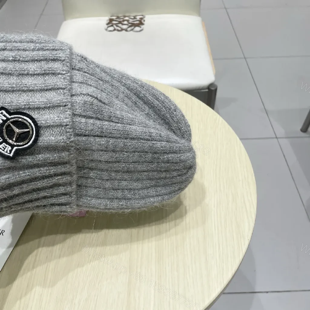 View 3 of Grey Knit Beanie - Premium Ribbed Style, Moncler Badge Feature