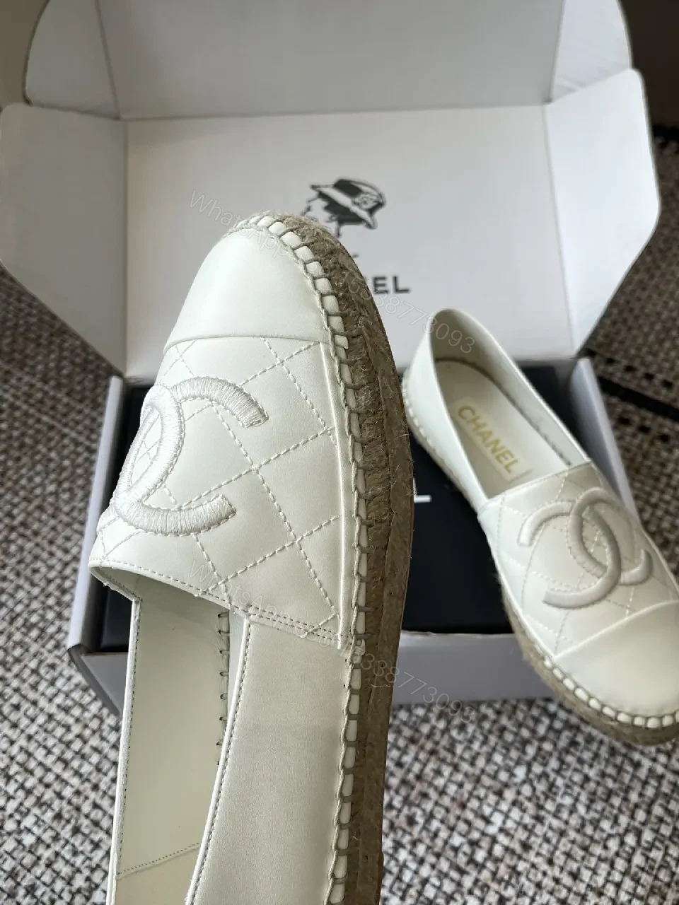 View 5 of Textured White Espadrille Loafers: Quilted Leather & Jute Sole