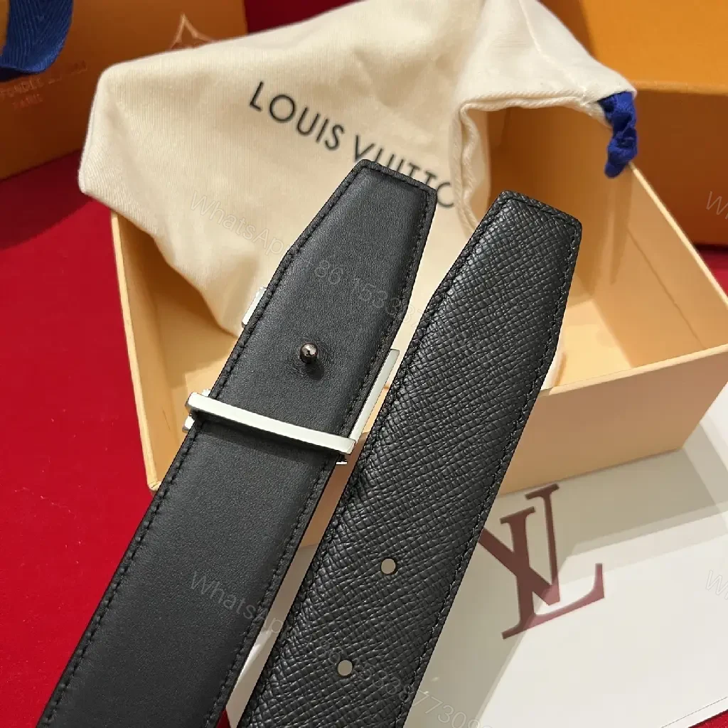 View 6 of Black Leather Belt with LV Buckle - Textured Full-Grain Formal Style