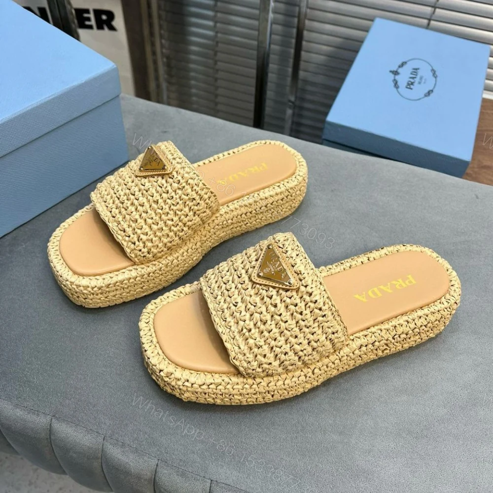 View 4 of Prada Crochet Flatform Slides Brown