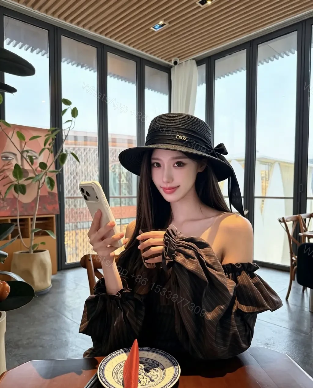 View 7 of Black Straw Hat Wide-Brim Bow Ribbon Dior Charm hat