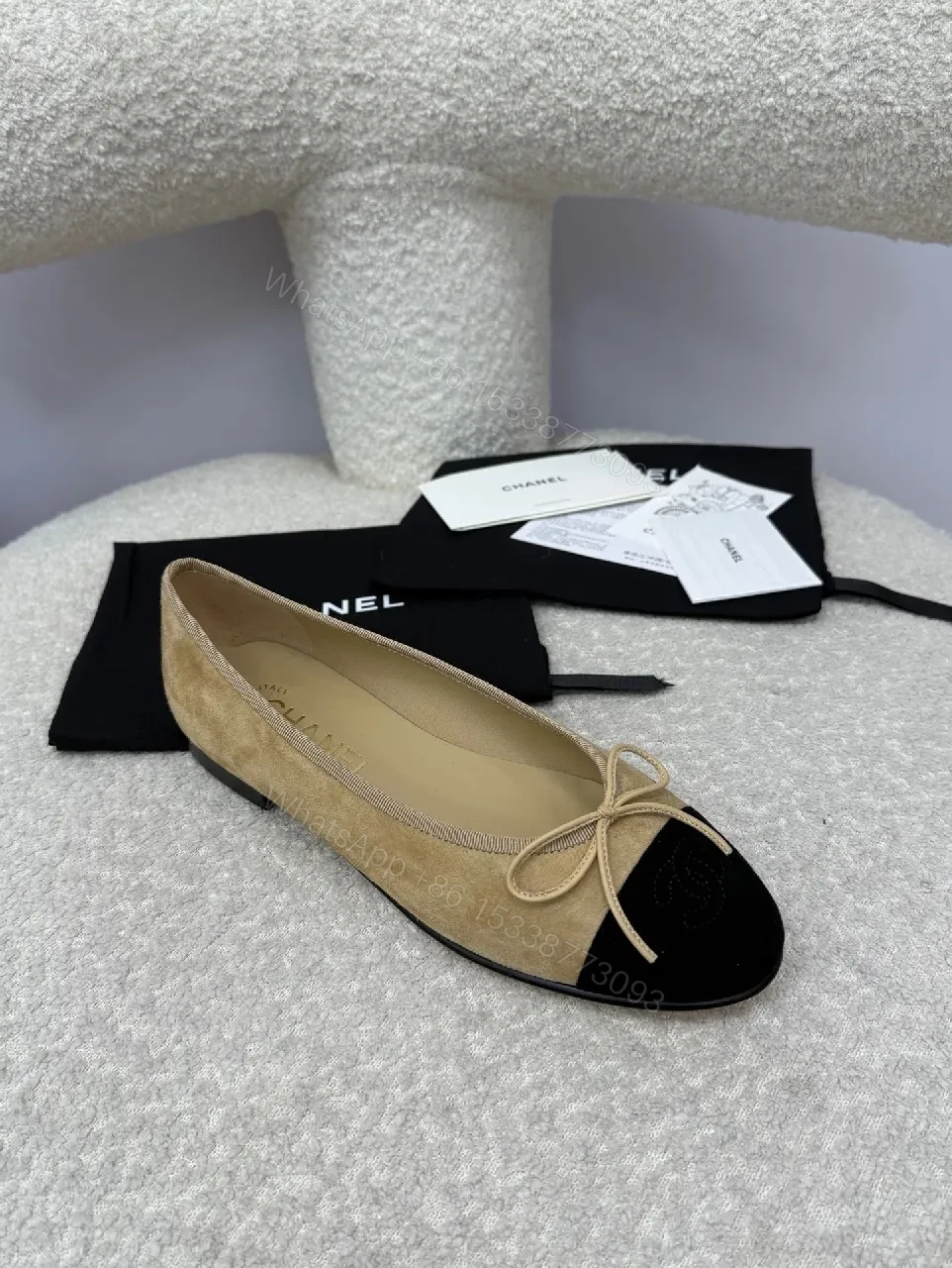 View 9 of Taupe & Black Two-Tone Ballet Flats with Bow Detailing