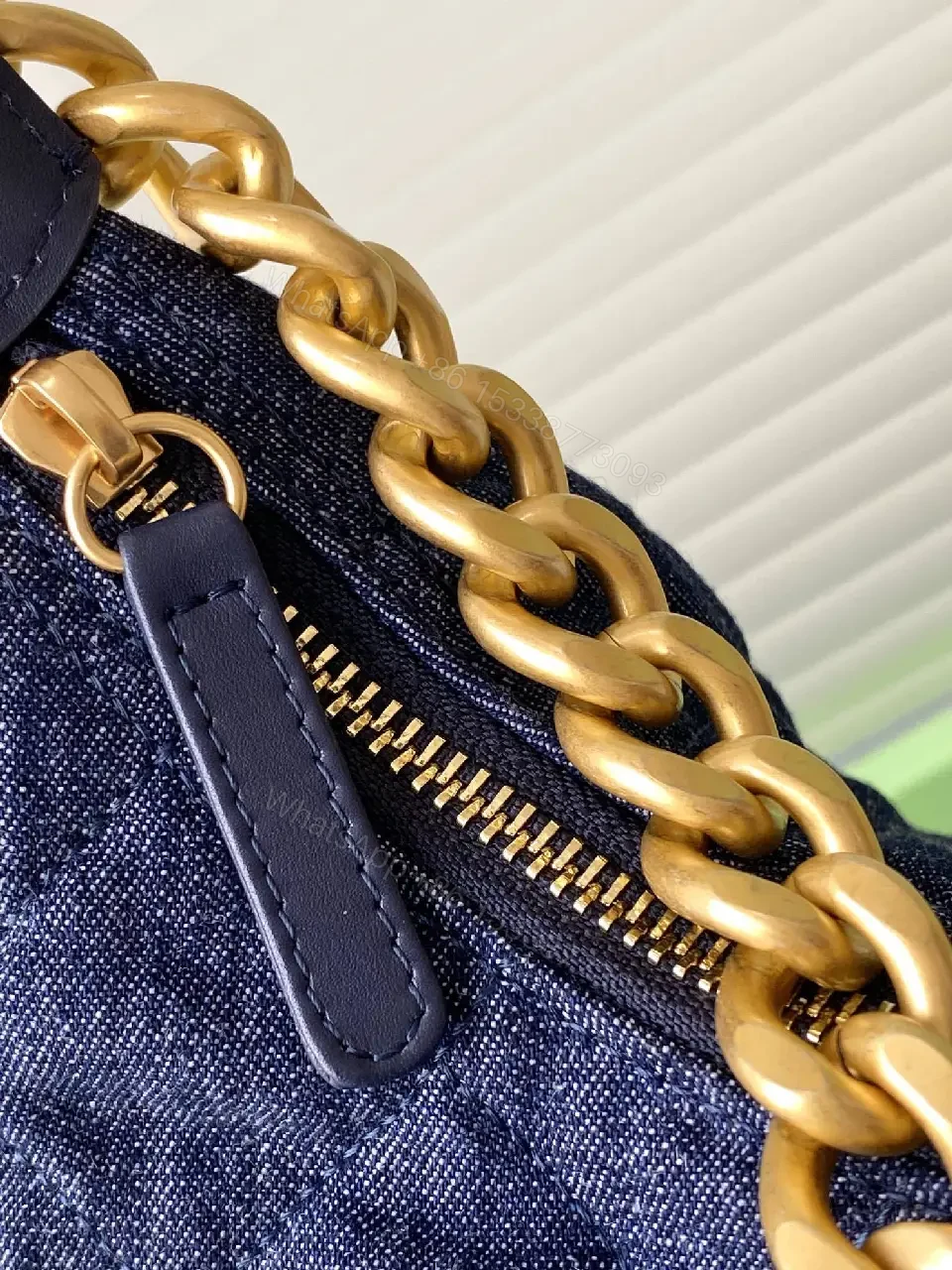 View 9 of Denim Texture Shoulder Bag with Gold Hardware, Luxe Style
