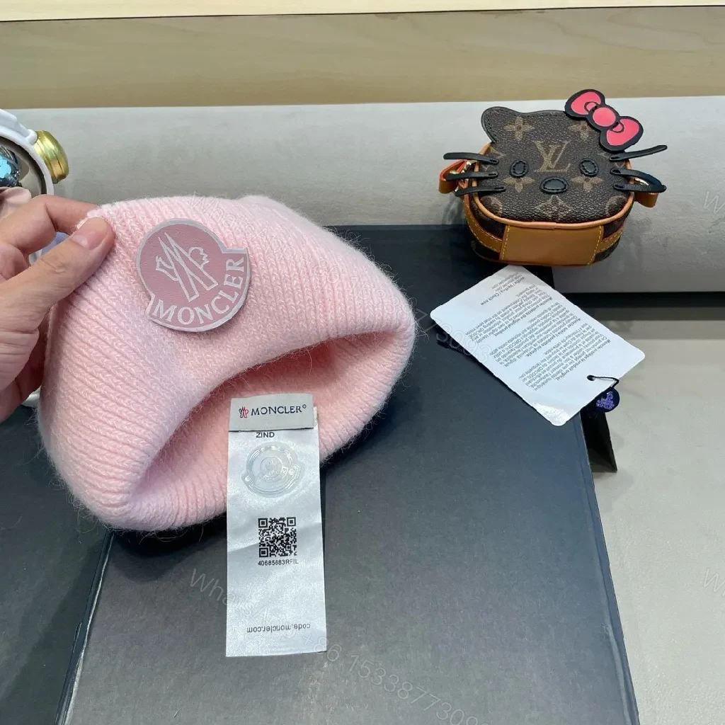 View 6 of Soft Pink Wool Beanie: Luxe Moncler Patch, Cozy Everyday Wear