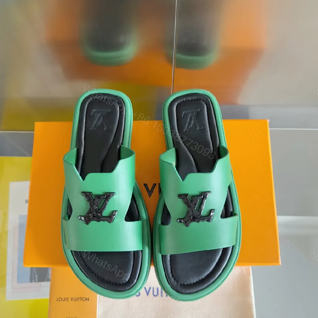 View 2 of Green Leather Sandals with Bold Logo, Comfort-Oriented Sandals