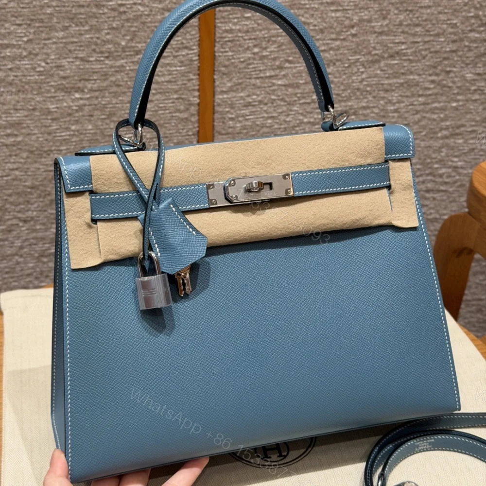高仿Hermes*Kelly28系列H043130EP7C牛仔藍銀扣牛皮純手工 — view 1