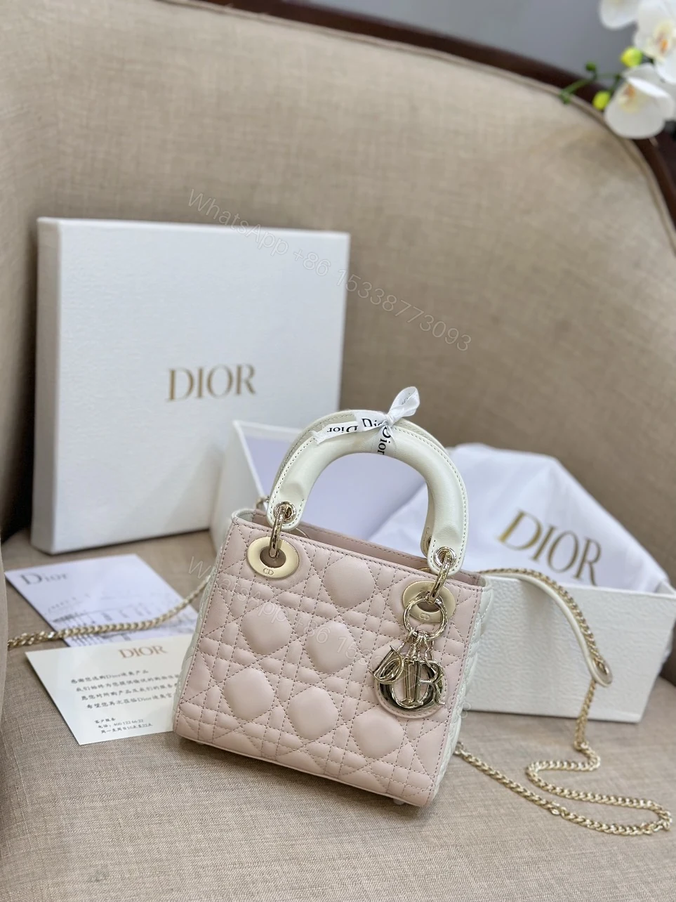 View 6 of Dior Lady Mini Handbag for Women Pink Cowhide Like Auth 18cm