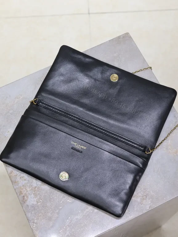 View 6 of Elegant Black Leather Clutch with YSL Gold Emblem - Night-Ready, All-Day Confidence