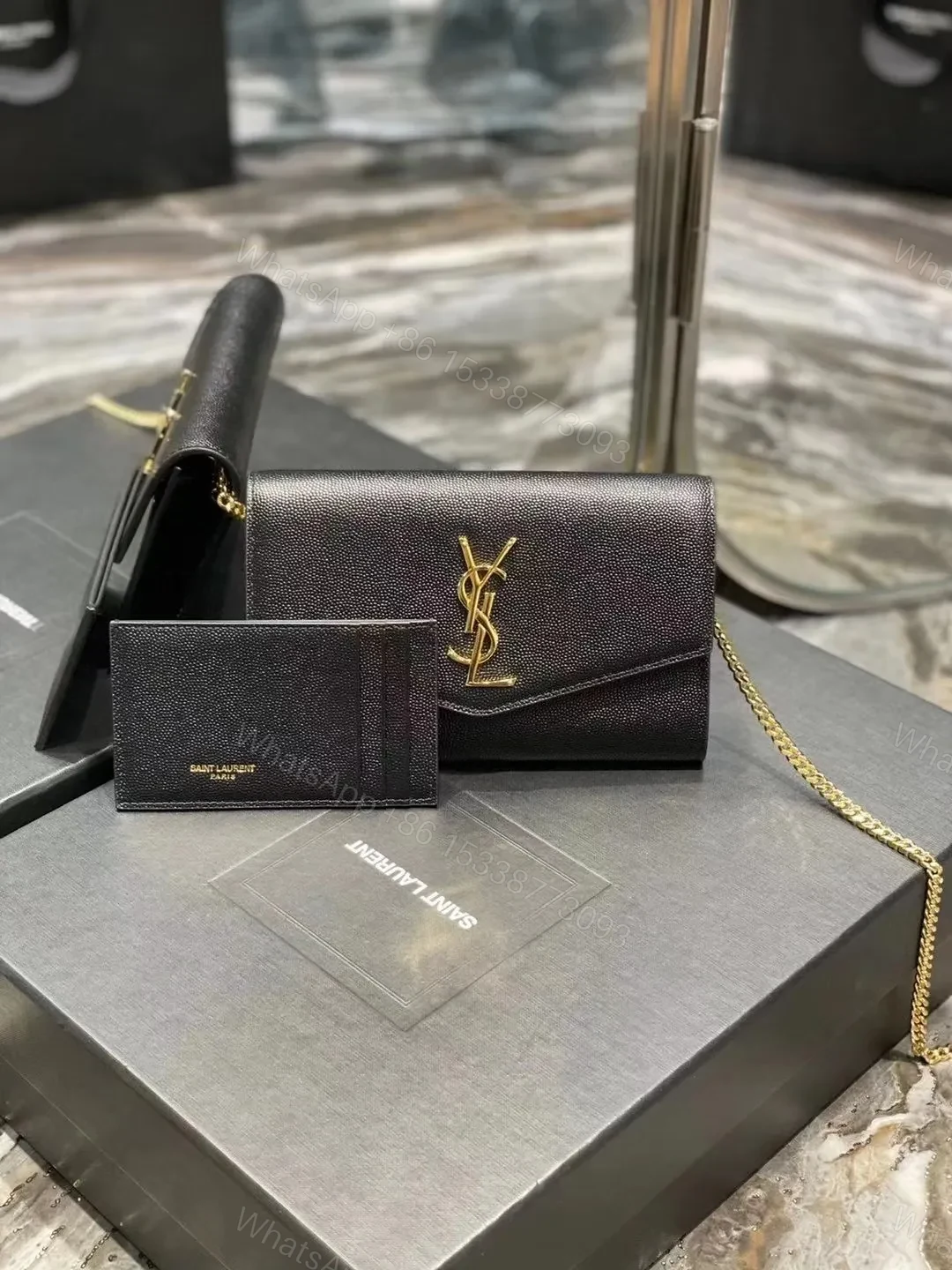 View 4 of Saint Laurent Grain De Poudre Uptown Chain Wallet White