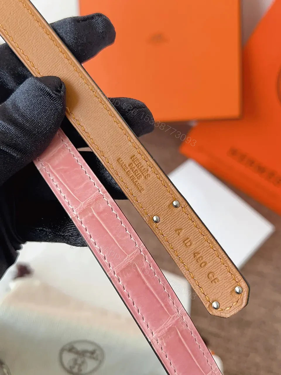 View 8 of Light Pink Croc-Embossed Leather Double-Strap Watch Band