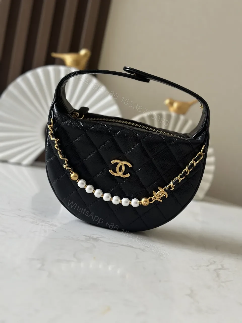 Quilted Black Shoulder Bag with Pearl Chain Detail — view 1