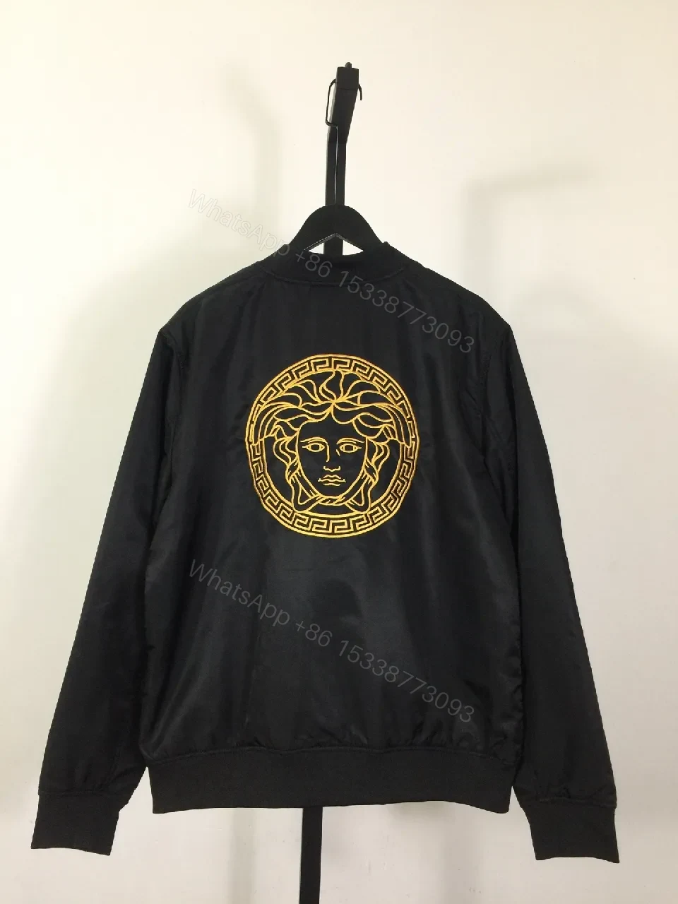 View 6 of Black Bomber Jacket - Versace Patch, Minimalist Edge, Windproof Outerwear