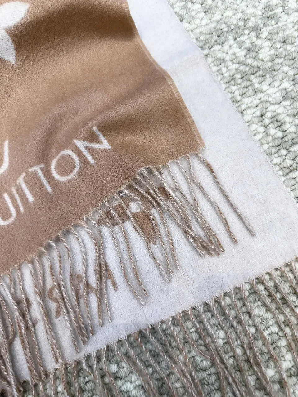 View 4 of Taupe Monogram Scarf: Soft, Luxurious, Fringed Wrap