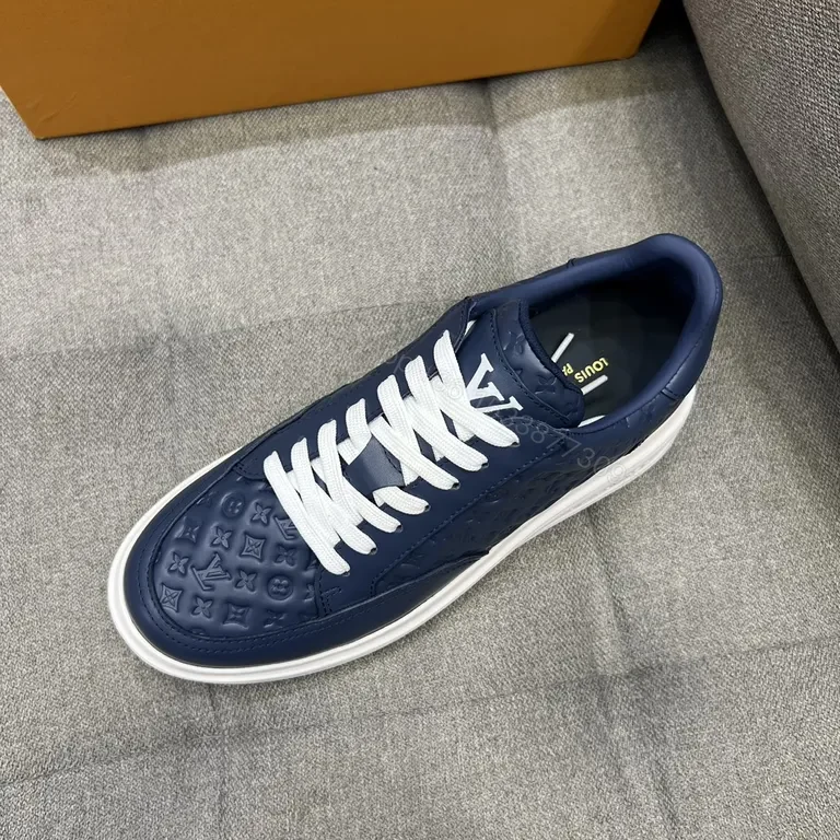View 3 of Navy Leather LV-Patterned Low-Top Sneakers â€” Modern Luxury